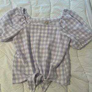 Loft gingham square neck or off shoulder front tie crop shirt.